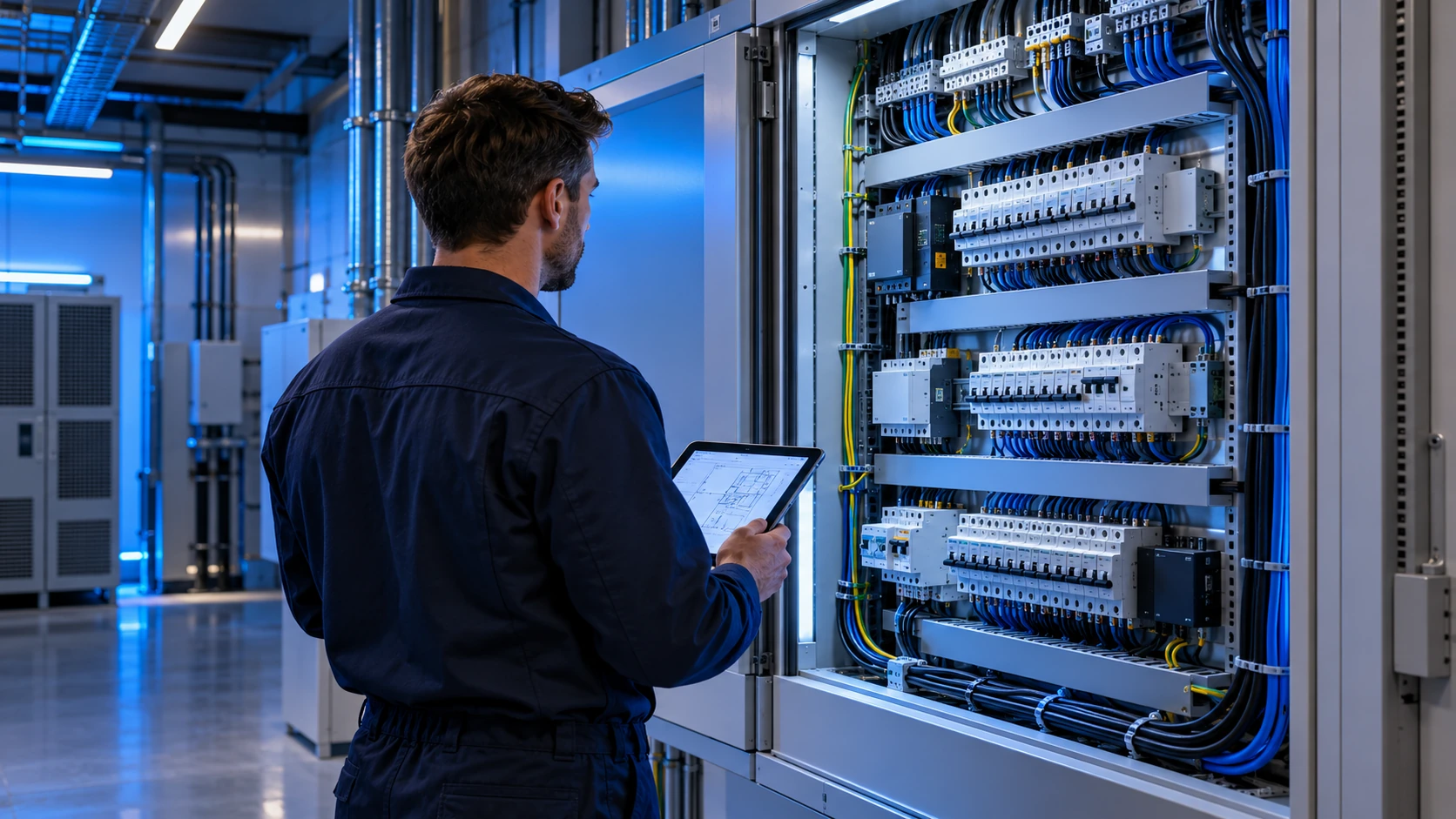 Ilustracja AI: technik przy rozdzielnicy elektrycznej