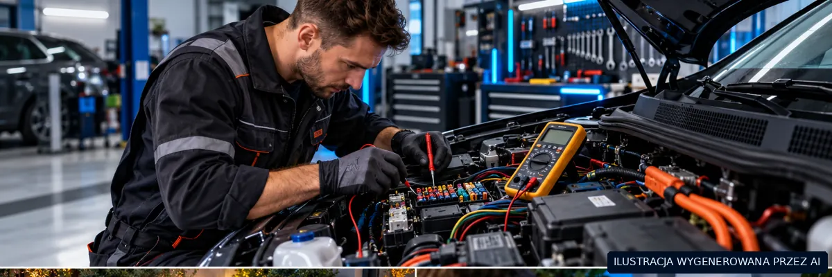 Ilustracja AI: specjalista diagnozuje instalację elektryczną pojazdu