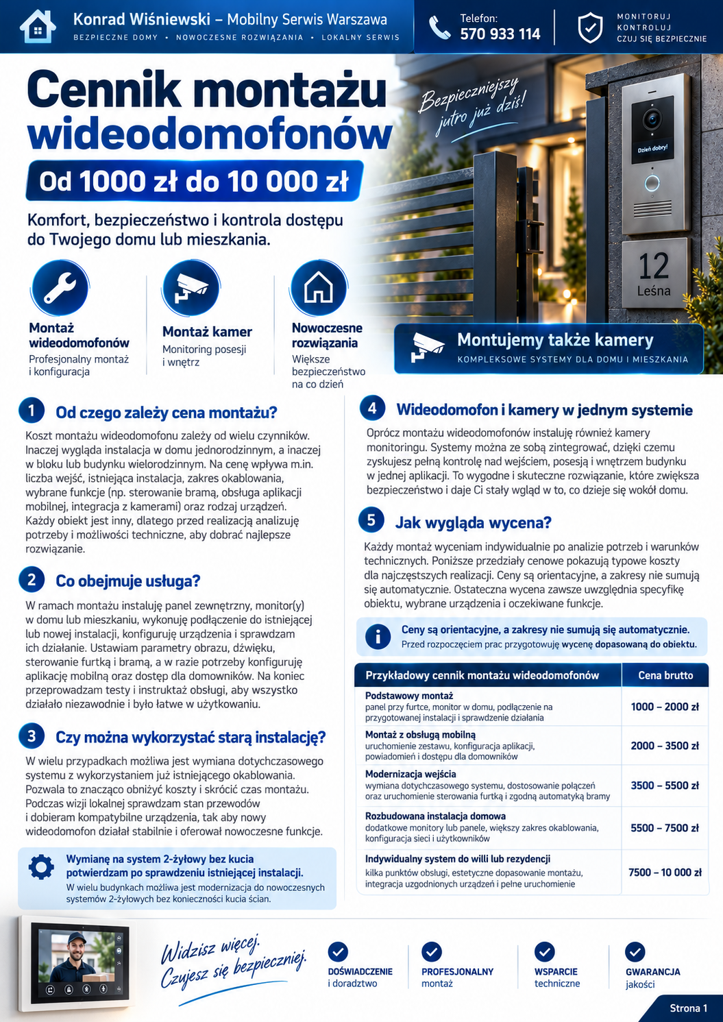 Cennik montażu wideodomofonów — od 1000 zł do 10 000 zł, zależy od domu, mieszkania, nasza firma montuje tez kamery.