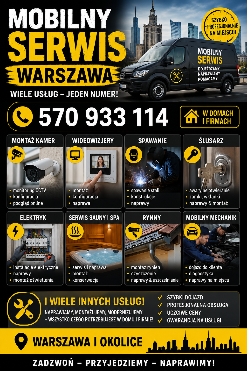 Jesteśmy firmą wielobranżową która zajmuje się serwisem elektryki hydrauliki między innymi naprawiamy SPA jacuzzi sauny jesteśmy także ekipą ślusarzy i elektryków do domu Montujemy różnego typu kamery oraz wszelkiego typu zabezpieczenia w domu, między innymi także spawamy i naprawiamy różne elementy metalowe.
 Ślusarz • Pogotowie Zamkowe • Awaryjne otwieranie • Wymiana zamków • Naprawy bram i furtek