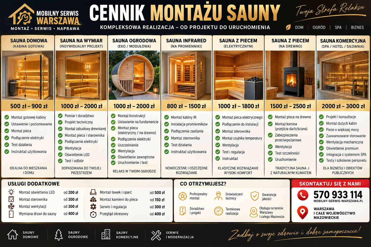 Montaż Sauny od 500zł do 3000 zł w zależnosci wymien rózne rodzaje