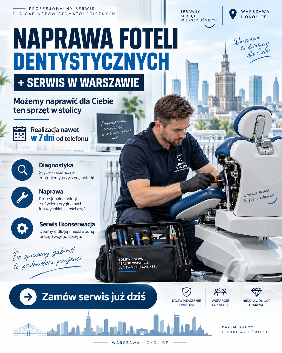 Naprawa Foteli Dentystycznych + Serwis w Warszawie, możemy naprawić dla ciebieten sprzęt w stolicy, w 7 dni od telefonu.