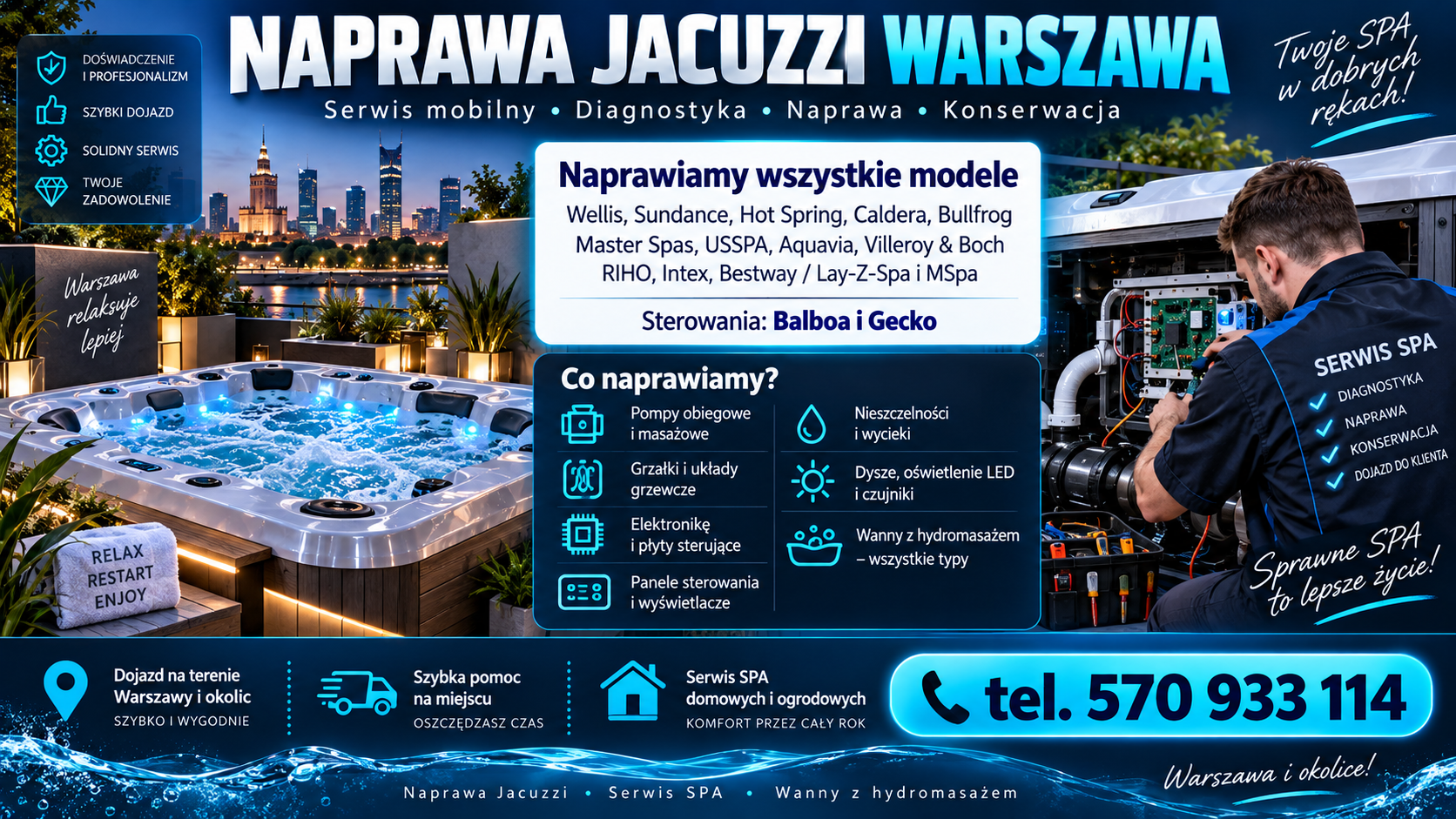 Naprawa Jacuzzi Warszawa Serwisujemy i diagnozujemy duże jacuzzi ogrodowe, całoroczne SPA, jacuzzi tarasowe, wanny z hydromasażem, hydromasaż wodny, aeromasaż, systemy hydro + aero, jacuzzi hotelowe oraz wybrane SPA dmuchane i przenośne