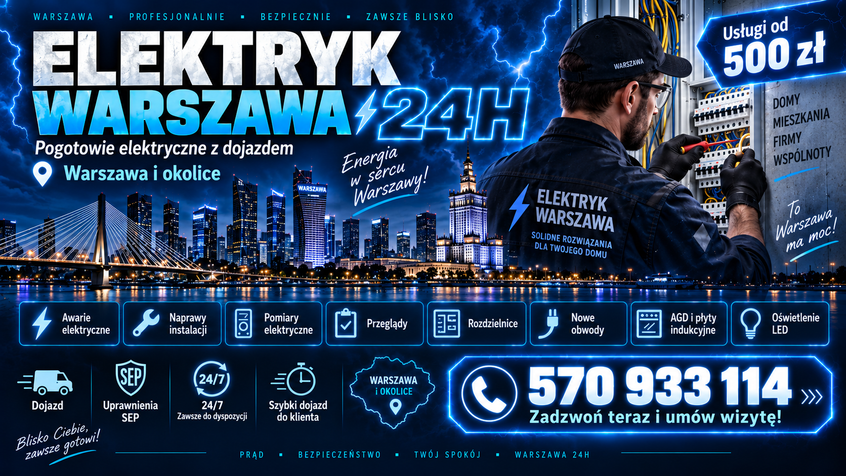 Pogotowie Elektryczne 24/7 | Elektryk Warszawa 24h