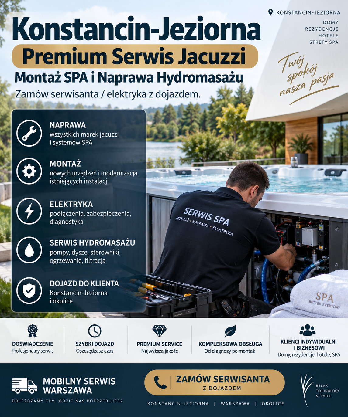 Konstancin-Jeziorna – Premium Serwis Jacuzzi, Montaż SPA i Naprawa Hydromasażu, zamów serwisanta/elektryka z dojazdem. zrob plakat