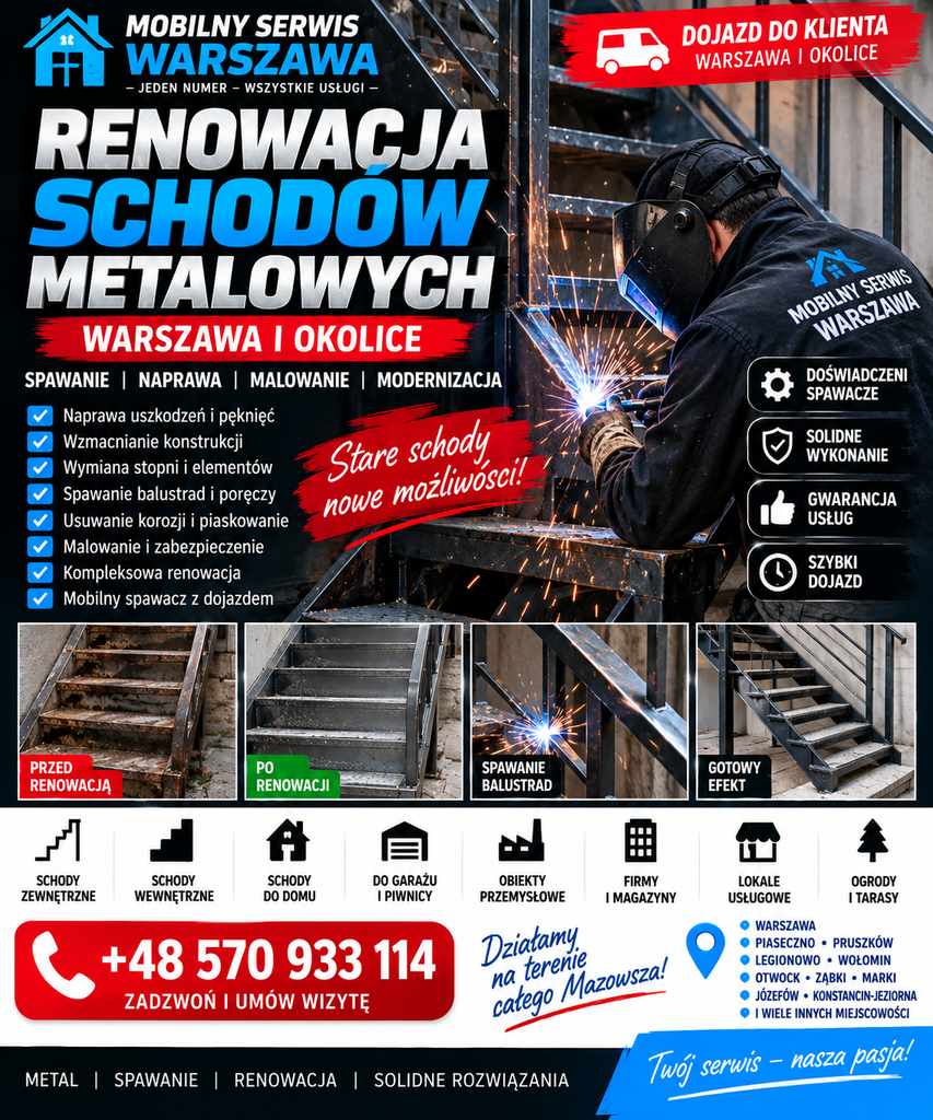 Renowacja schodów metalowych w Warszawie, ogarniamy dokładnie wszystko, mamy spawacza z dojazdem do klienta.