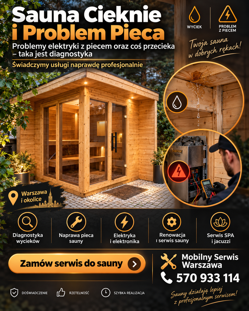 Sauna Cieknie i Problem Pieca, wymianiamy, naprawiamy lub robimy renowację, głównie elektryka i elektronika. Dodatkowo jesteśmy też firmą która naprawia wanny z hydromasażem w Warszawie. Tak że mamy sporo pracy a możemy mieć więcej.