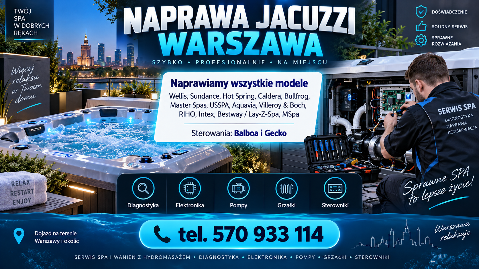 Naprawa Jacuzzi Warszawa/Serwisujemy i diagnozujemy duże jacuzzi ogrodowe, całoroczne SPA, jacuzzi tarasowe, wanny z hydromasażem, hydromasaż wodny, aeromasaż, systemy hydro + aero, jacuzzi hotelowe oraz wybrane SPA dmuchane i przenośne