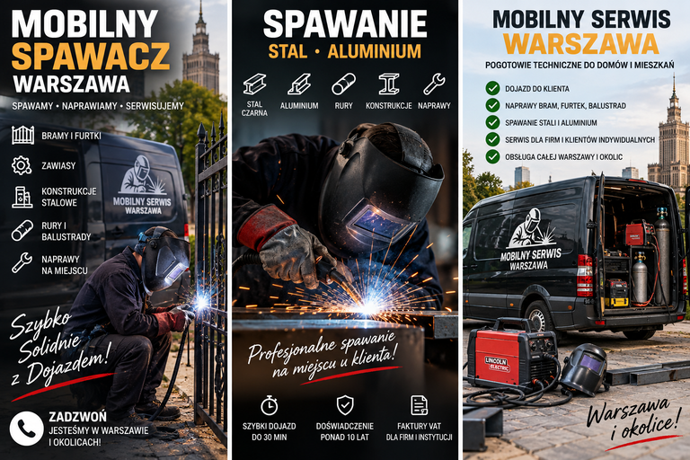 Mobilne stanowisko spawalnicze: spawacz przy metalowej furtce, iskry łuku, czerwona maszyna Lincoln i butla przy otwartym vanie