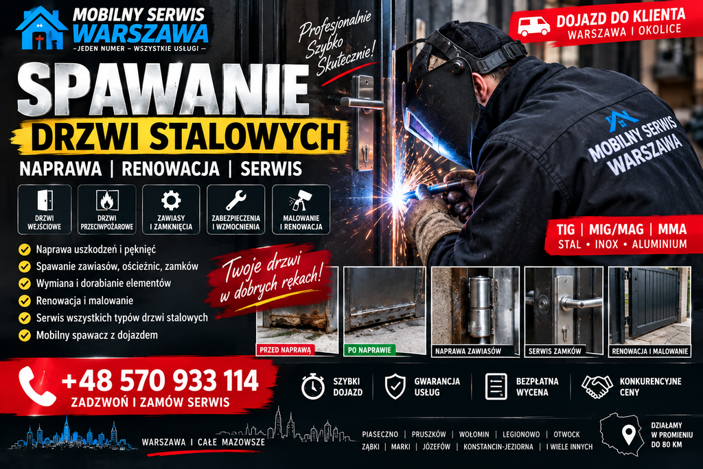 Spawanie drzwi stalowych Warszawa i okolice, zamów nasze usługi z dojazdem - mamy mobilnego spawacza.