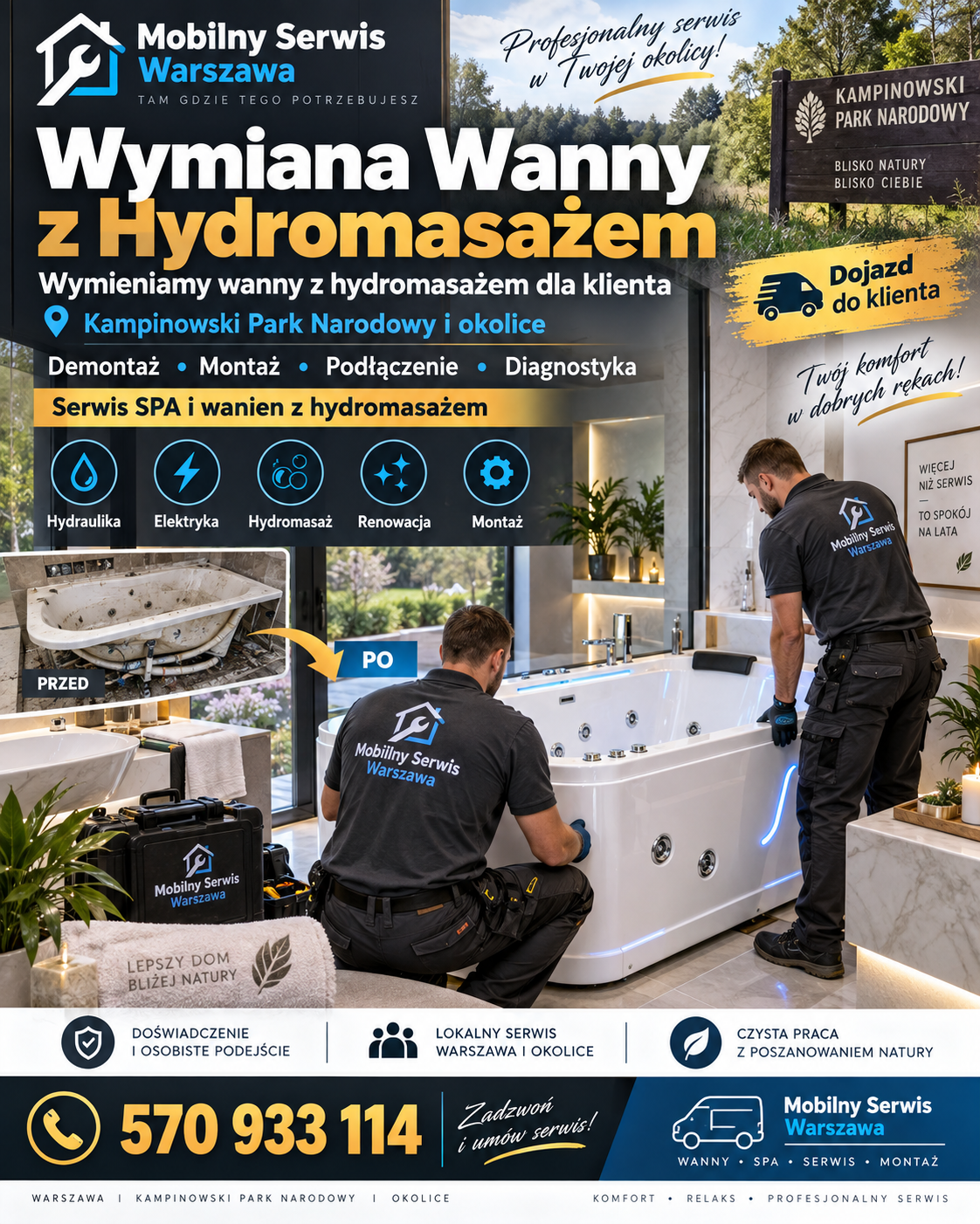 Wymiana wanny z Hydromasażem - Wymieniamy dla klienta wanny z hydro masażem, Kampinowski park narodowy okolice.