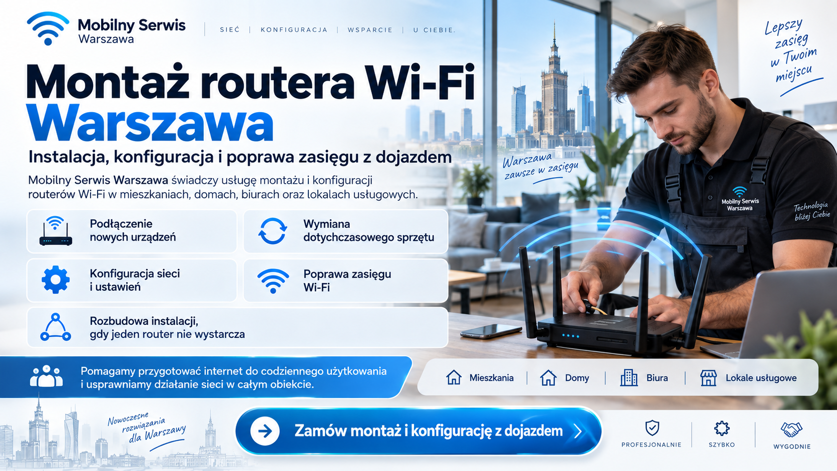 Montaż routera Wi-Fi Warszawa – instalacja, konfiguracja i poprawa zasięgu z dojazdem, naprawimy to dla ciebie w stolicy!