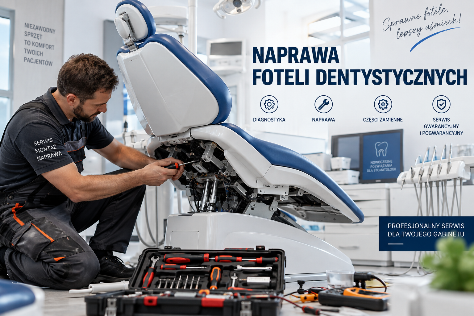 Naprawa foteli dentystycznych: siłowniki, sterowanie, elektryka, elektronika i mechanika. Warszawa i okolice — dojazd do gabinetu. Dane kontaktowe i informacje o zgłoszeniu znajdziesz na stronie „Zamów serwis”.