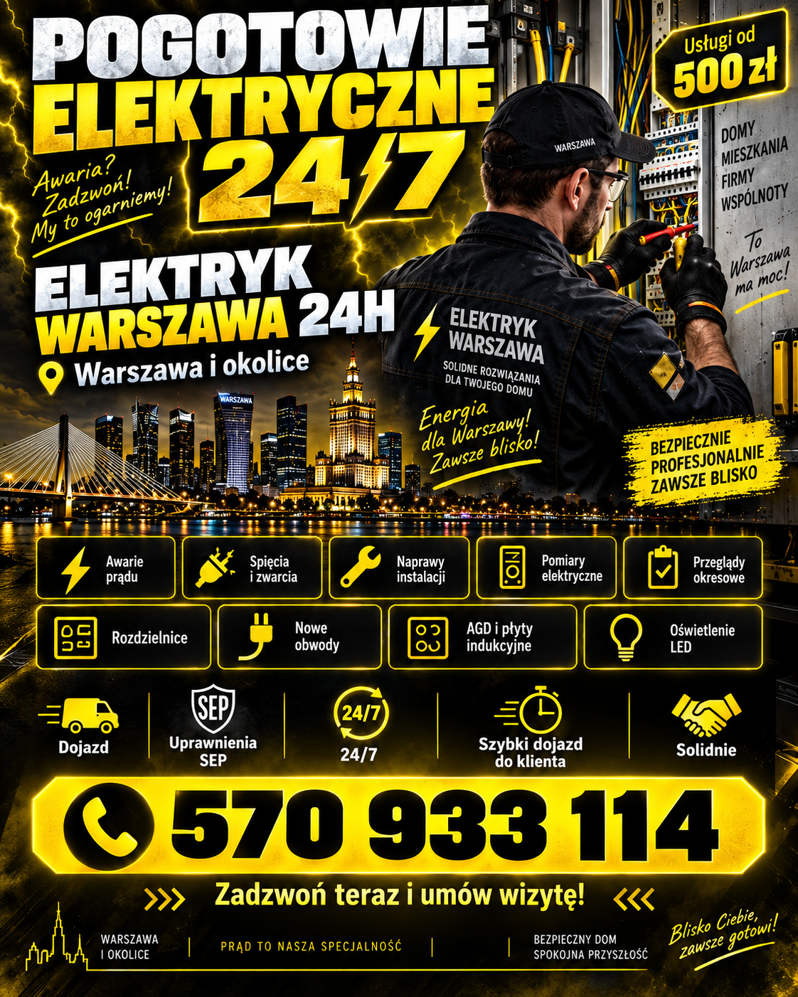 ⚡ Dojazd nawet w 30–60 minut; ⚡ Pogotowie elektryczne 24h; ⚡ Instalacje, naprawy, pomiary; ⚡ Obsługa całej Warszawy. Zadzwoń do nas - Mobilny Serwis Warszawa