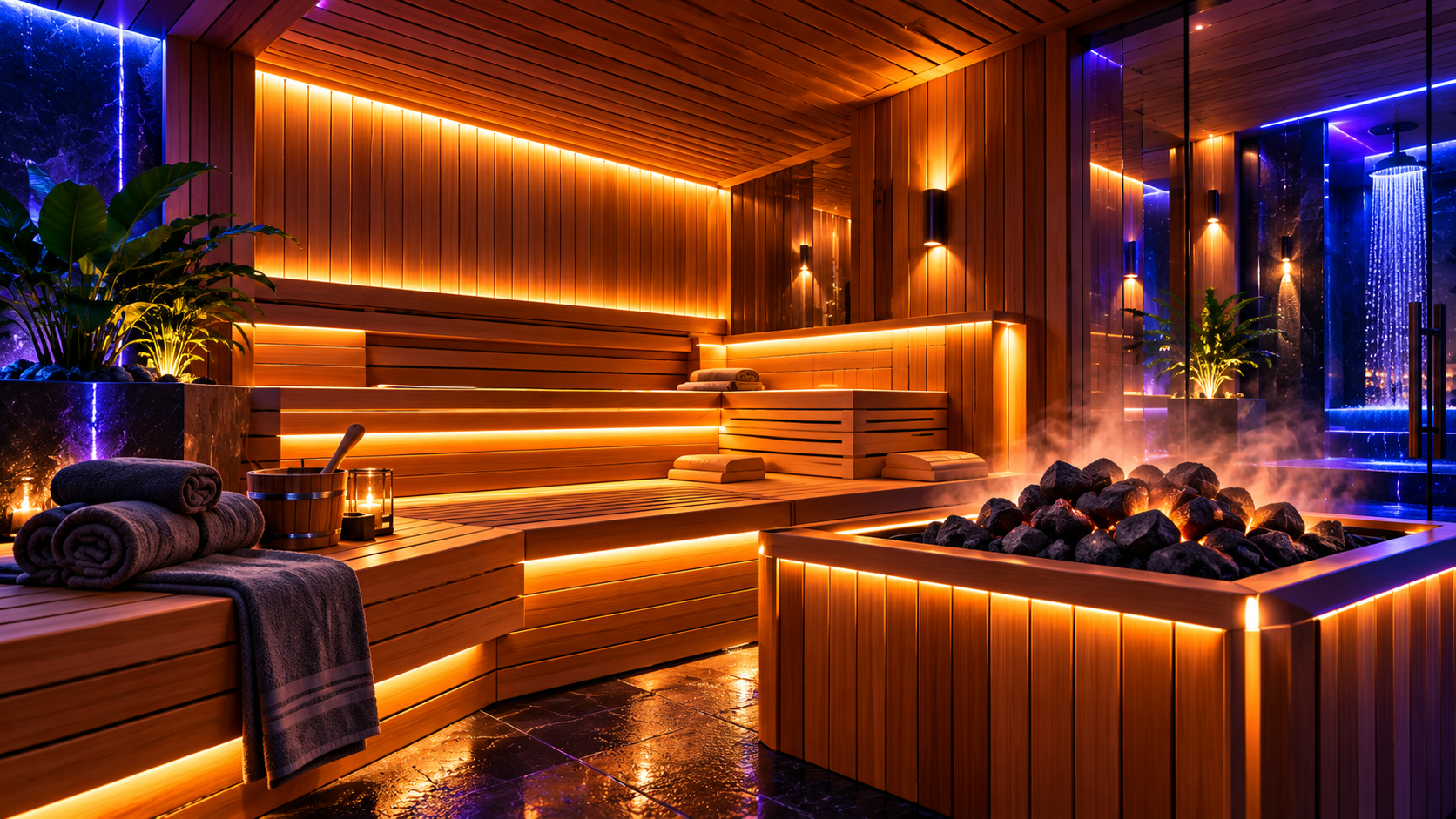 Sauna premium z ciepłym oświetleniem – ilustracja AI usług MSW