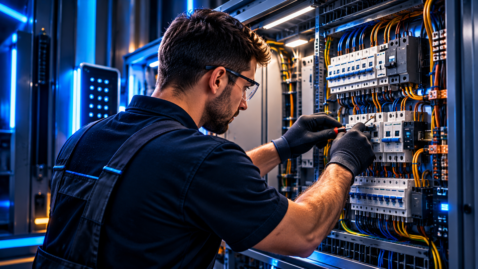 Elektryk przy rozdzielnicy i instalacji elektrycznej – ilustracja AI usług MSW