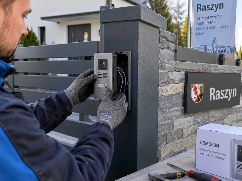 Wymiana domofonu przy remoncie wejścia i ogrodzenia w Raszynie, zamów naszego serwisanta z dojazdem do twojego domu, mobilmy serwis