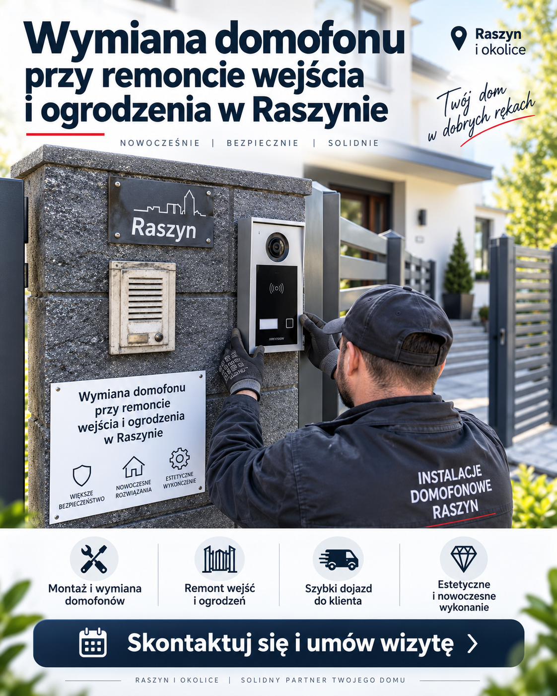 Wymiana domofonu przy remoncie wejścia i ogrodzenia w Raszynie, zamów naszego serwisanta z dojazdem do twojego domu.